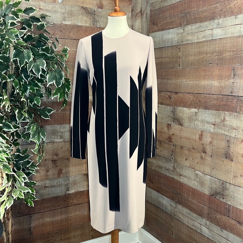 BOTTEGA VENETA  Light Dusty Tan Black Thick Stripes Rounded Neckline Silk Dress